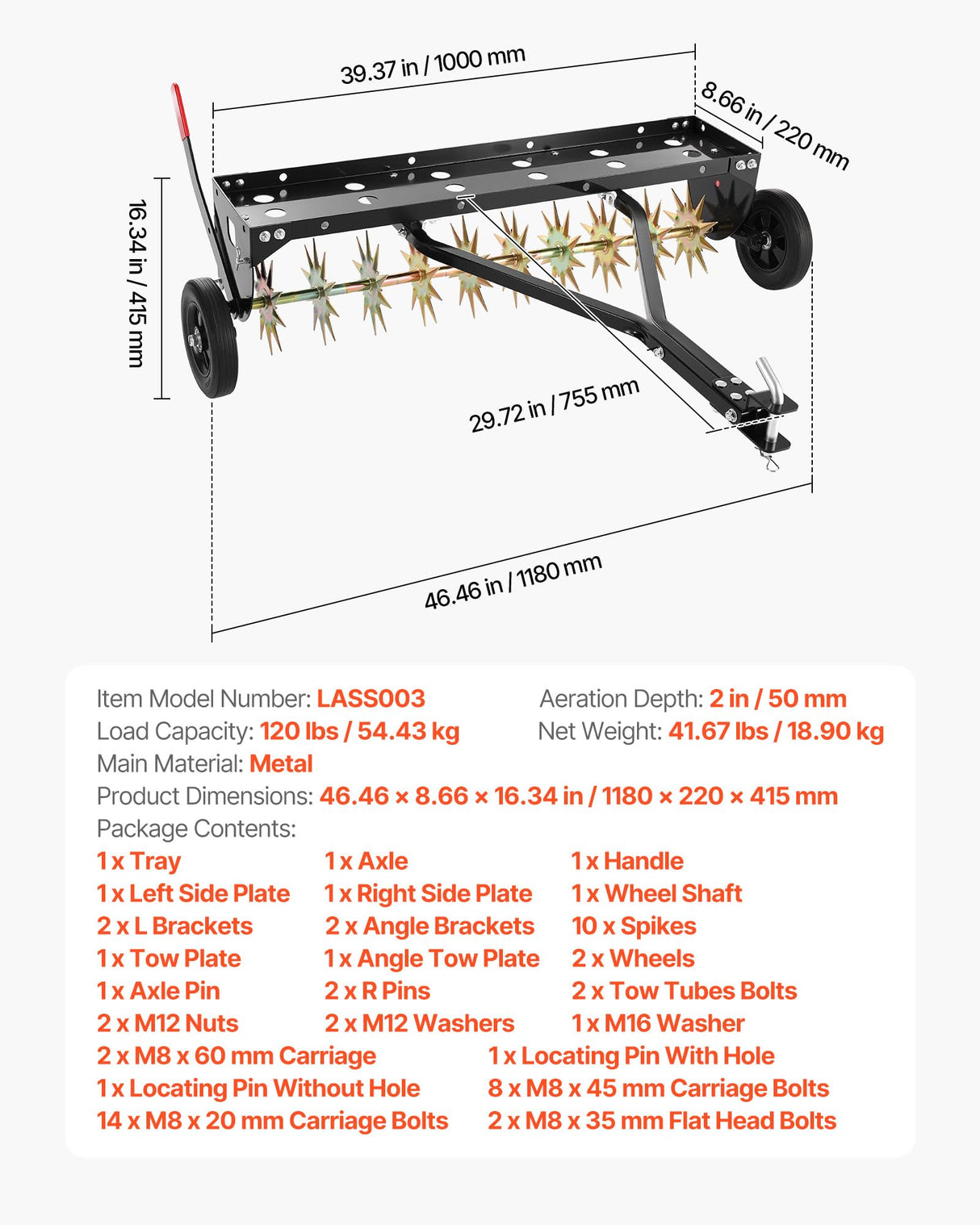 VEVOR Tow Behind Plug Aerator, 40 in Lawn Spike Aerator with Universal Hitch, 150lbs Weight Capacity, Heavy Duty & Rust-Resistant, Pull Behind Aeration Tool with Tray for Farmland & Garden Tractors