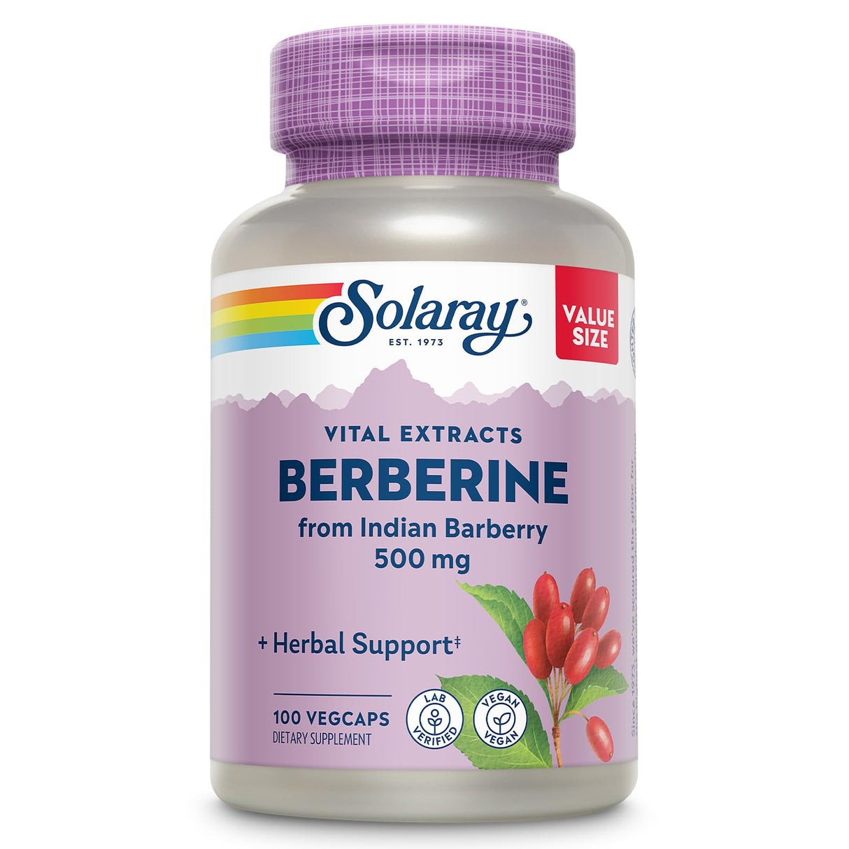 SOLARAY Berberine 500mg - Berberine Supplement for a Healthy, Active Lifestyle - with Berberine HCl from Indian Barberry - Vegan, Non-GMO, 60-Day Guarantee, Lab Verified - 100 Servings, 100 VegCaps