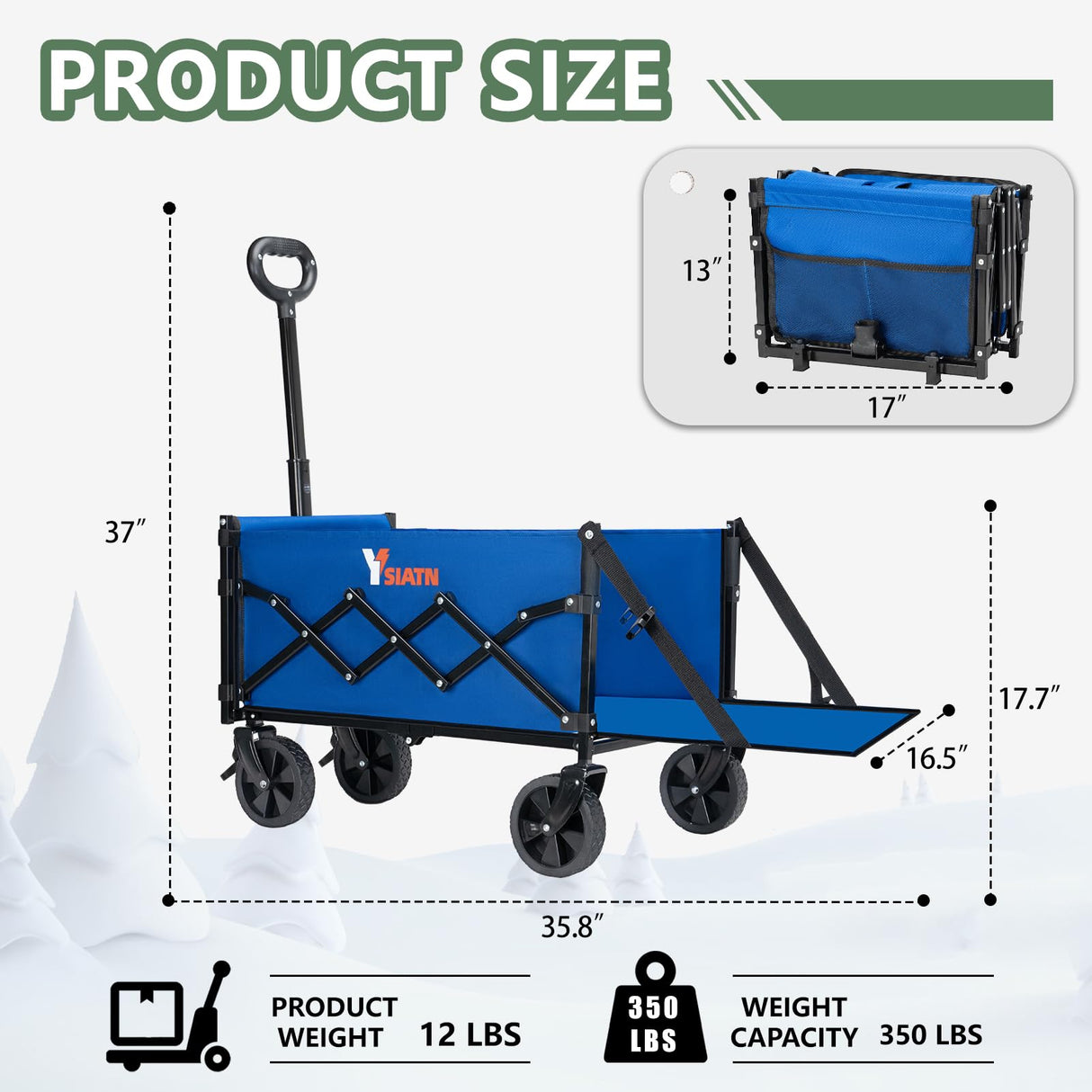 YSIATN Collapsible Folding Wagon Cart with Tailgate - 300lbs Heavy Duty Foldable Utility Wagon and Brake Wheels - 100L Lightweight Grocery Wagons for Shopping Camping Sports Garden, Blue