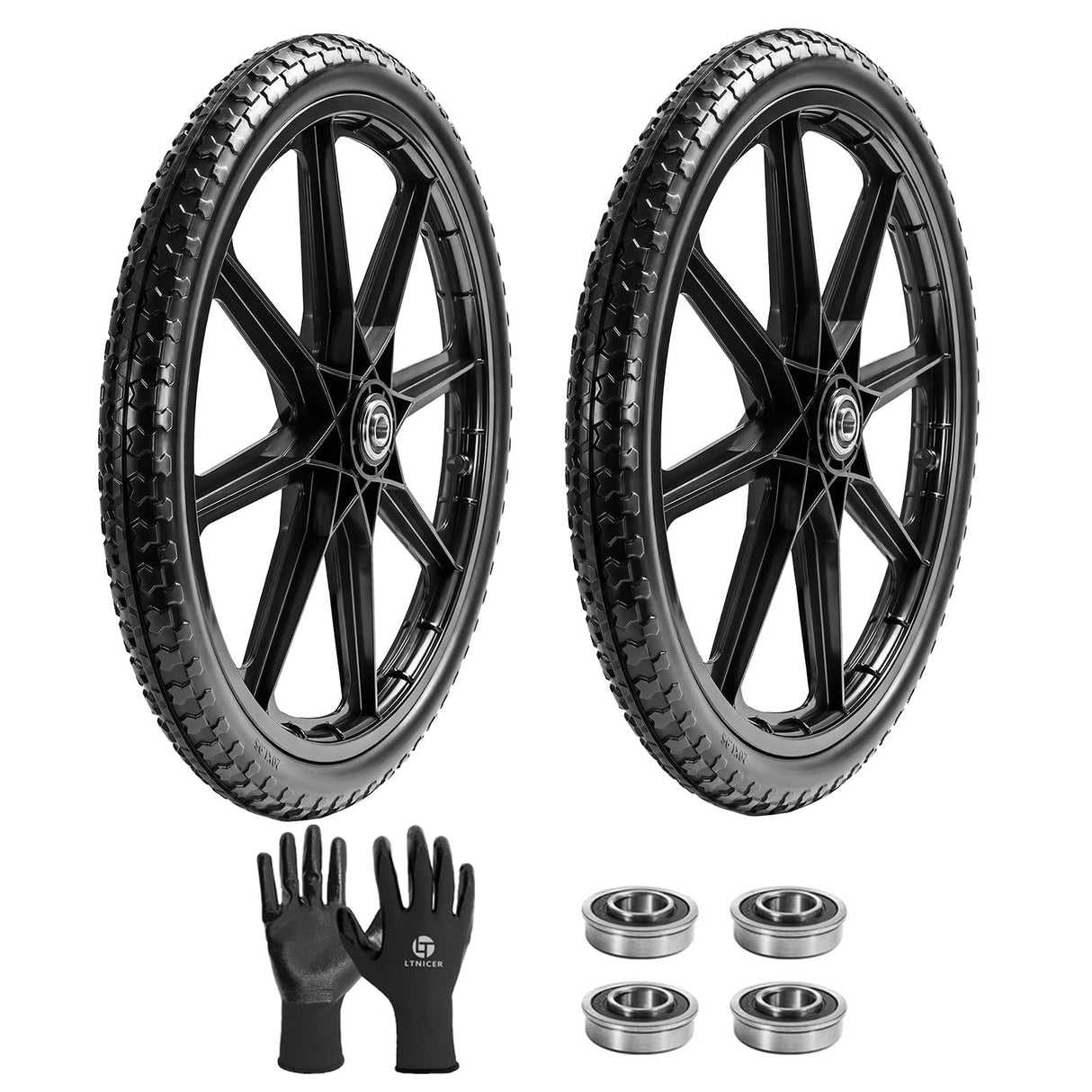 LTNICER (2-Pack) 20" Flat Free Cart Wheels, 20x2 Solid Rubber Wheels for Rubbermaid Garden Carts, 3/4" & 5/8" Bearing, 2.5" Hub Length, Black