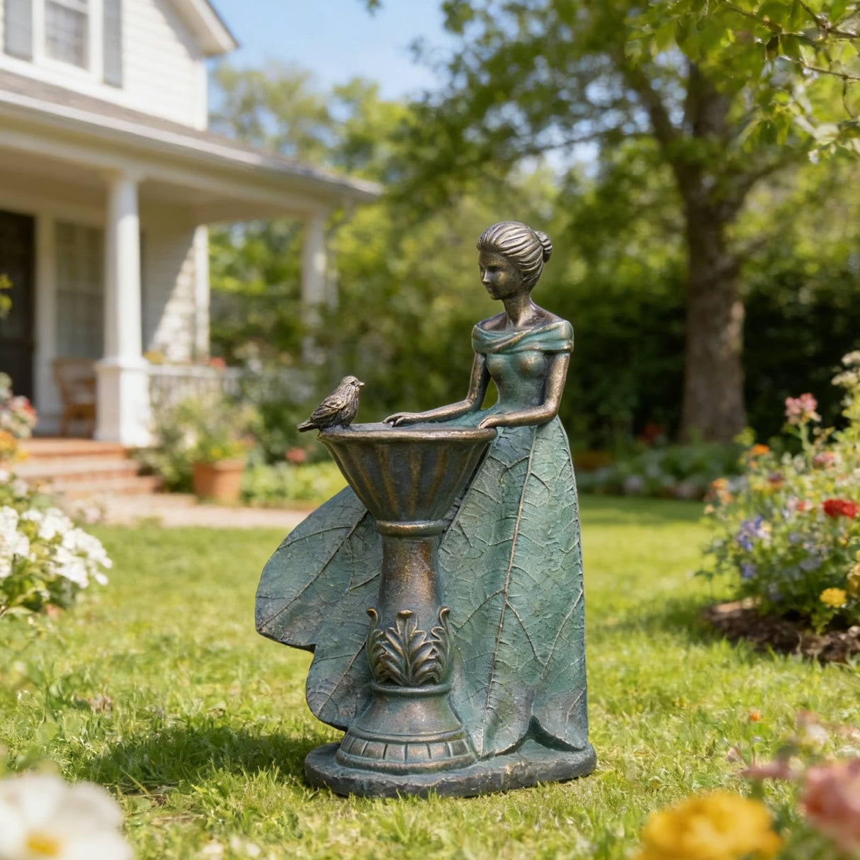 DiliComing Fairy Outdoor Statue Garden Decor with Solar Birdbath 12 Inch