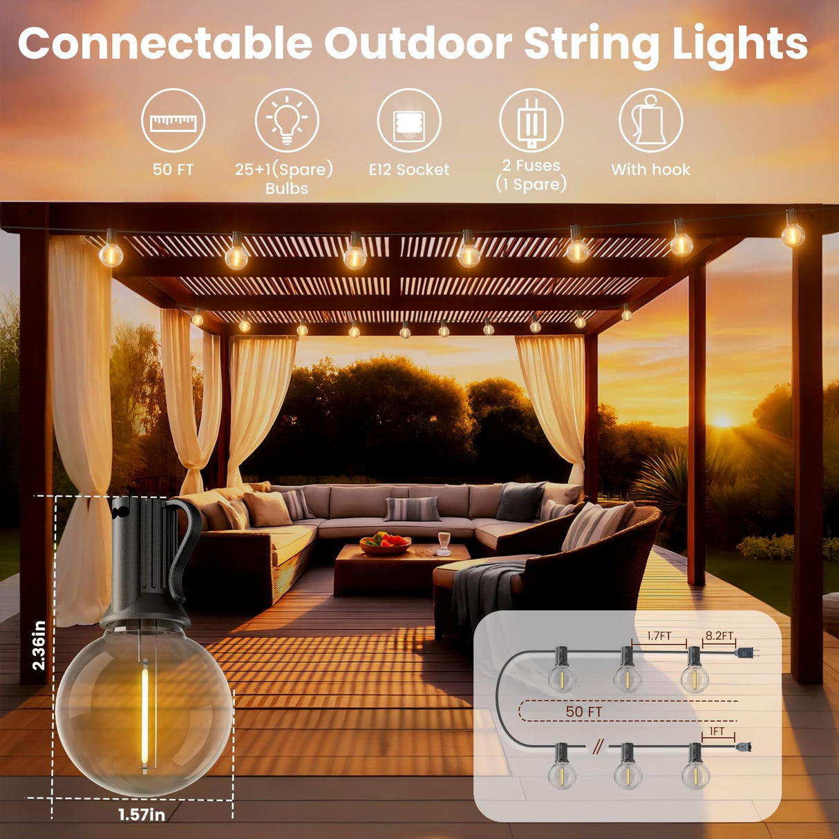 RTTY Outdoor String Lights 50 FT, Patio Light with 26pcs G40 Shatterproof LED Bulbs, Waterproof Hanging Globe Lighting Connectable for Cafe Bistro Backyard Porch Gazebo Balcony Deck Party