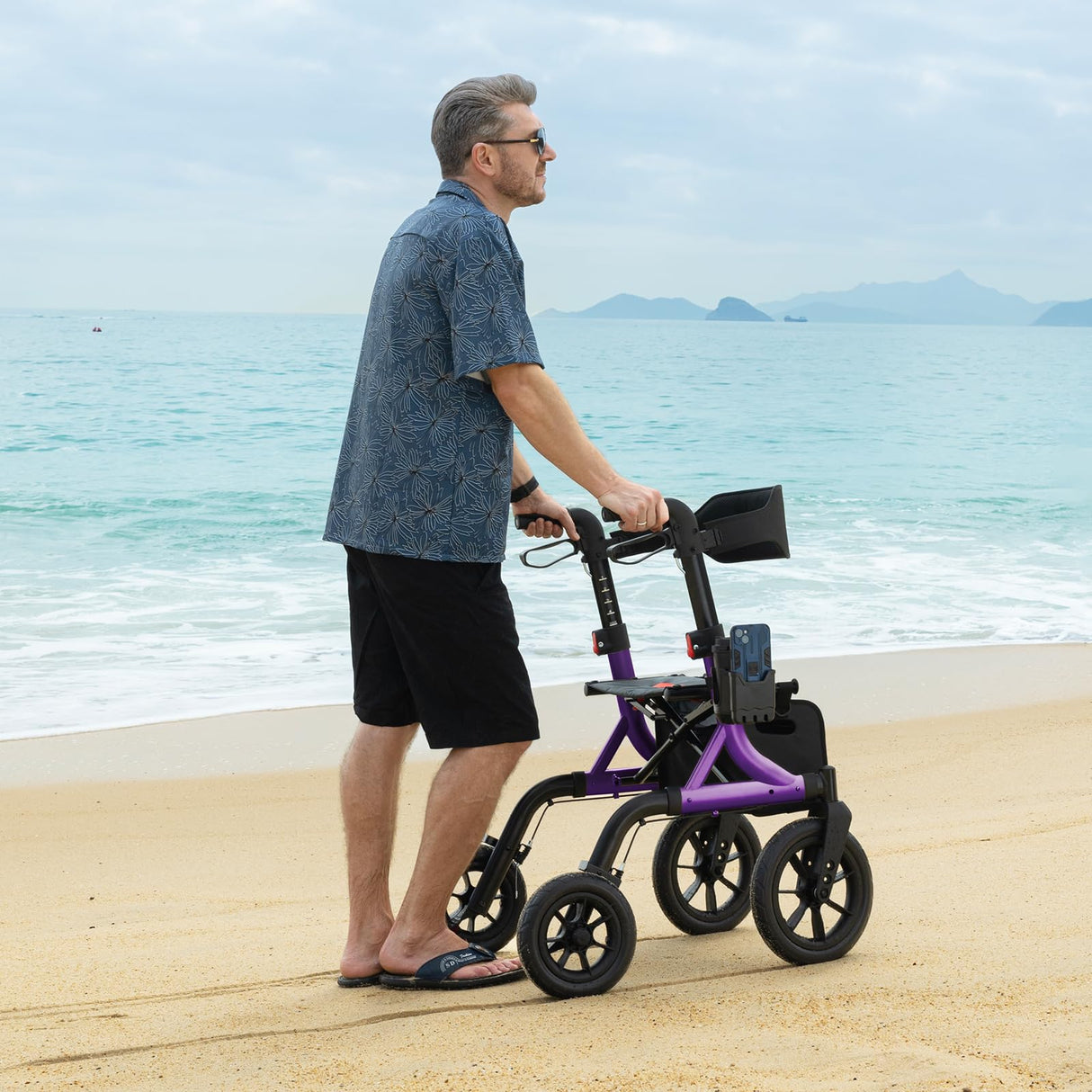 MAXWALK Walkers for Seniors, Rollator Walker with Seat, 12" Big Rubber Wheels All Terrain Rollator Walker with Backrest, Built-in Cable, Cup Holder, Foldable and Height Adjustment for Seniors, Purple