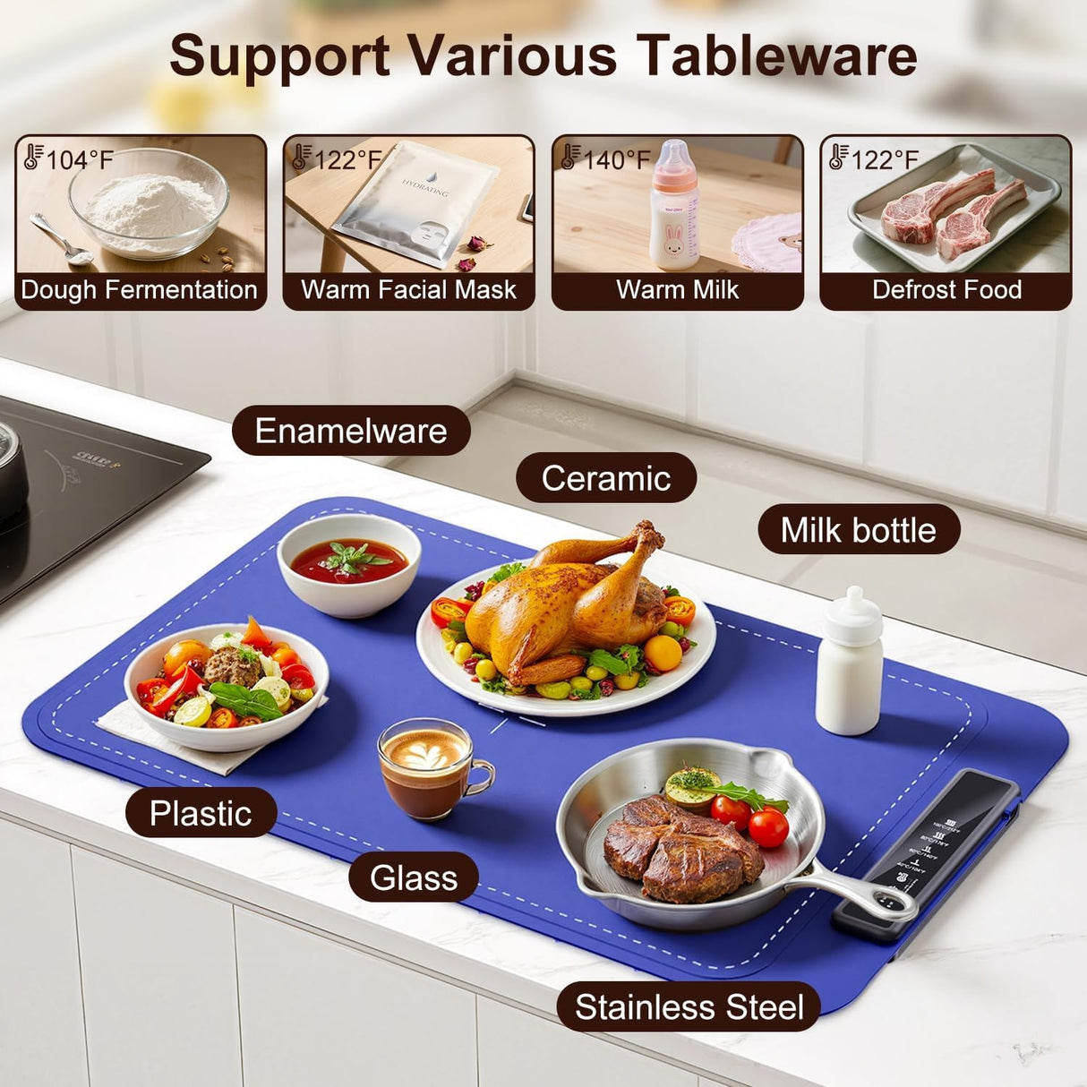 Warming mat for Food, Food Warming Mat - New Upgraded Fast Heating Silicone Electric Warming Tray, Larger Touch Screen, Higher Feet, Roll Up Warming Mat for Food, Portable Food Warmer, Blue
