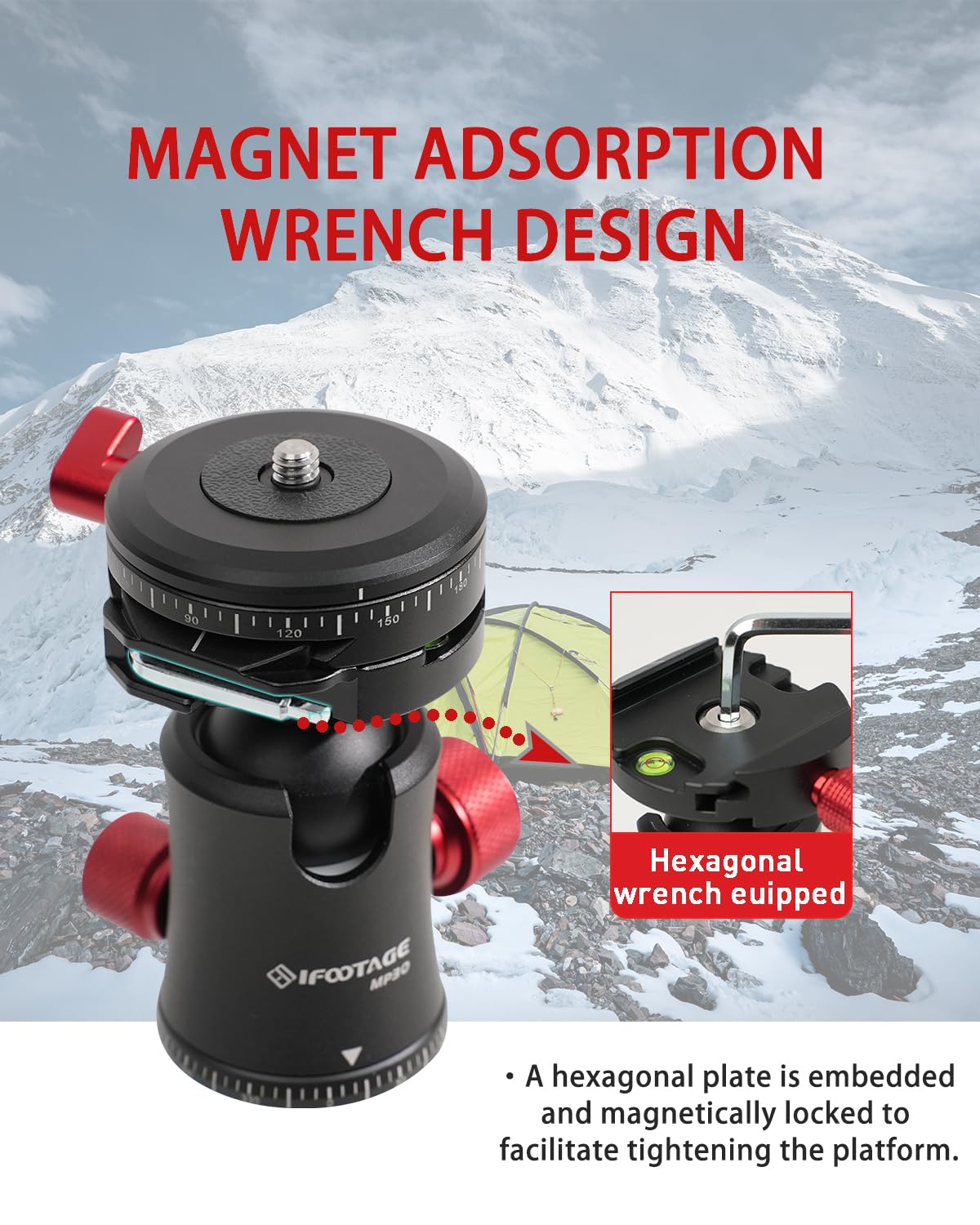 IFOOTAGE Komodo MP30 Ball Head,Metal 360° Rotating Ball Head with Panoramic Quick Release Plate, Compatible with Digital SLR(Load 22lbs)