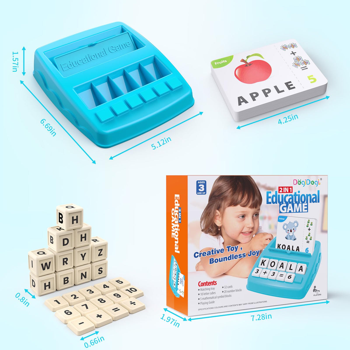 Educational Toys Learning Games for Kids 3-8, Matching Letter Spelling Early Math Game for Preschool& Kindergarten Kids Boys and Girls Light Blue ,Christmas Birthday gift for 4 5 6 7 boys girls