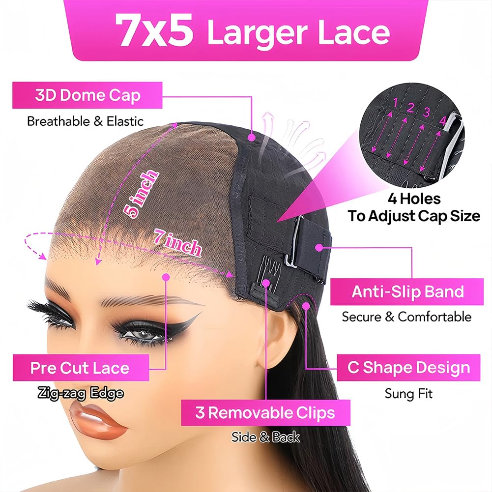 26 Inch Bye Bye Knots Wear and Go Glueless Wigs Human Hair Deep Wave HD 7X5 for Real No Glue Lace Wig, 3D Dome Cap Glueless Wig Pre Plucked, Pre Cut Glueless Wig Natural black 200% Density
