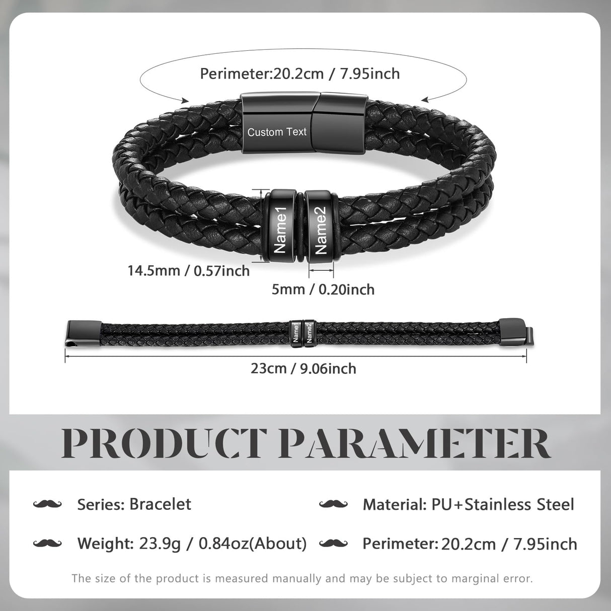 Aiemghsde Personalized Custom Name Bracelets for Men - Mens Leather Bracelet with 2-6 Family Names,Customized Bracelet Father's Day Dad Gifts for Husband Son (2 Names)