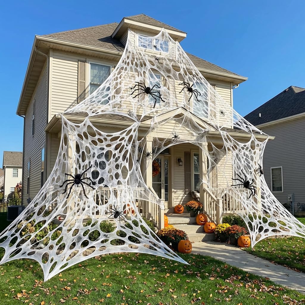 wymulot 1200 Sqft (After Streched with Holes) Uncut Giant Spider Web Halloween Decorations Outdoor with 10 Ground Nails Stretchy Beef Cloth Netting Cut-Your-Own Flexible Elastic for Yard Party Decor