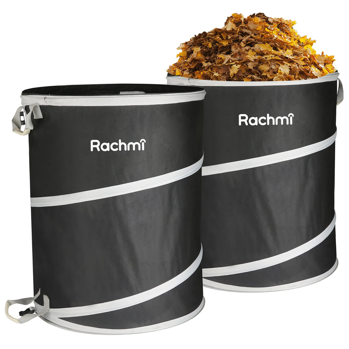 Rachmi 40 Gallon Collapsible Trash Can 2-Pack, Heavy Duty 600D Oxford Reusable Pop-Up Yard Waste Bag for Lawn & Garden Cleanup, Water-Resistant Outdoor Leaf Bin with Spring Frame, 22"x26.4", Black