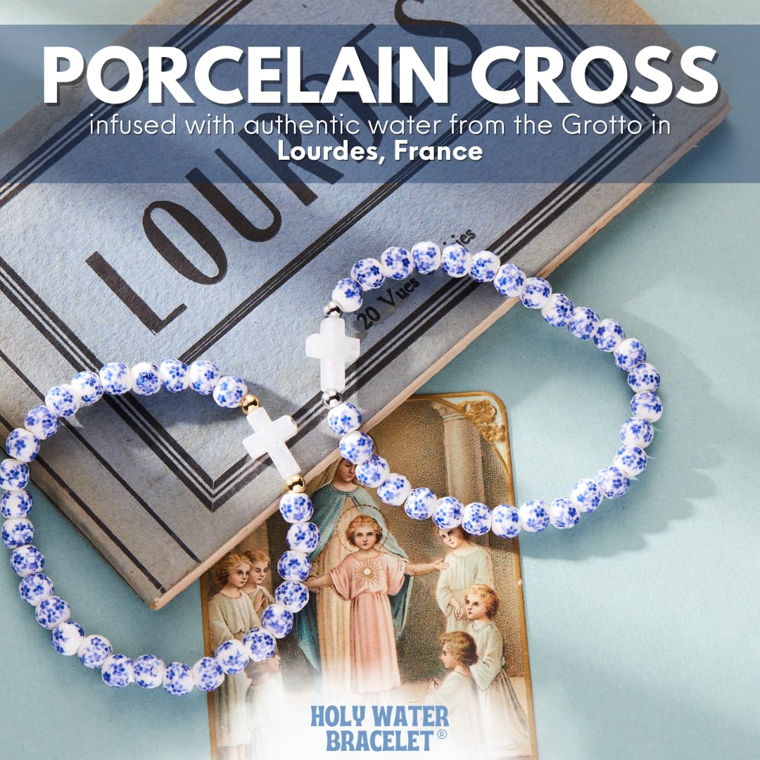 Holy Water Porcelain Cross Bracelet in Silver, Blue Floral Beads, Women