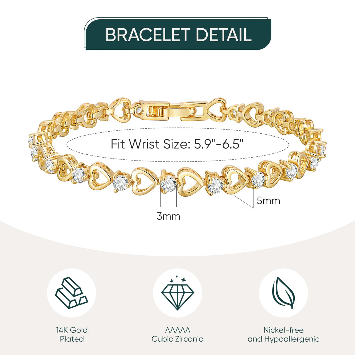 Goxygen Tennis Bracelet for Women - 14K Gold Plated Heart Cubic Zirconia Bracelet, Dainty Trendy Anniversary Birthday Christmas Jewelry Gift for Her