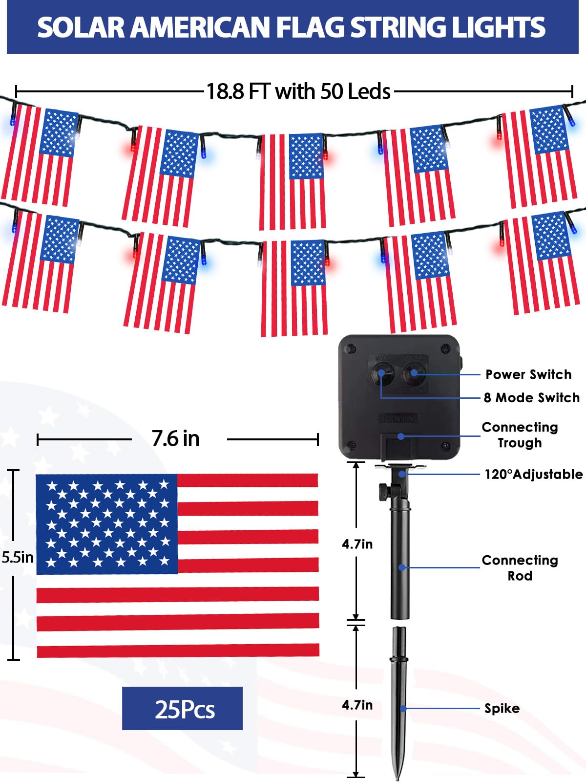 4th of July Decorations, Solar American Flag Lights Outdoor with 8 Modes, 18.8FT 25 USA Flags & 50 Red White and Blue LEDs Patriotic String Lights Waterproof for Independence Day 250th Anniversary