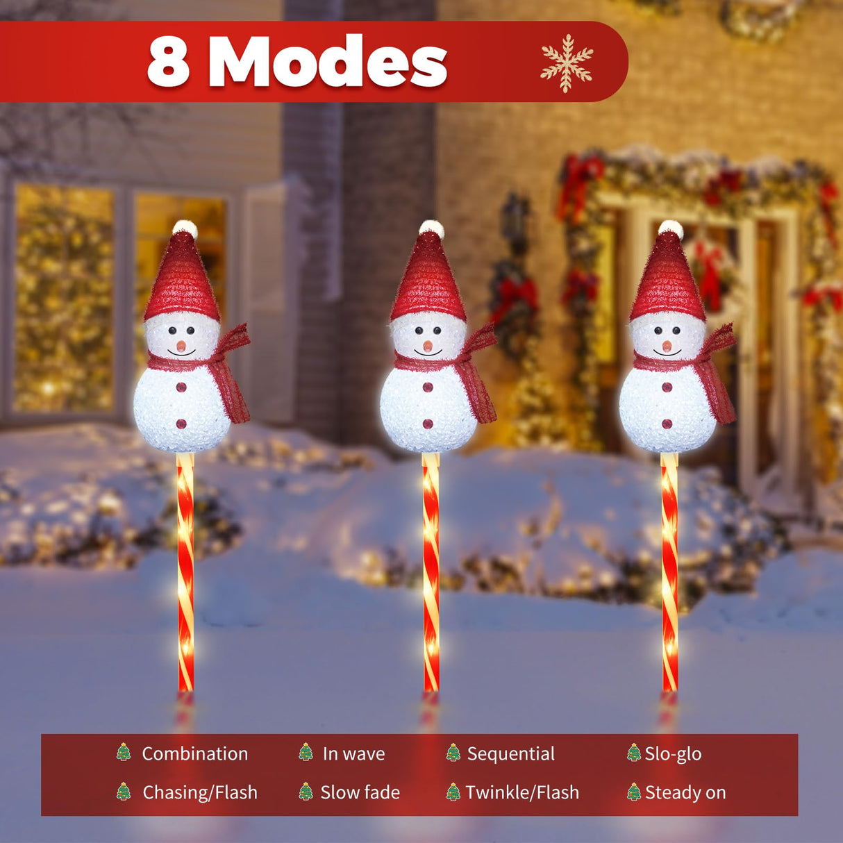 Newhale Set of 3 Snowman Solar Christmas Decorations, 8 Modes Solar Garden Lights, Candy Cane Christmas Stake Light, Outdoor Xmas Decor for Yard, Patio, Pathway (White)