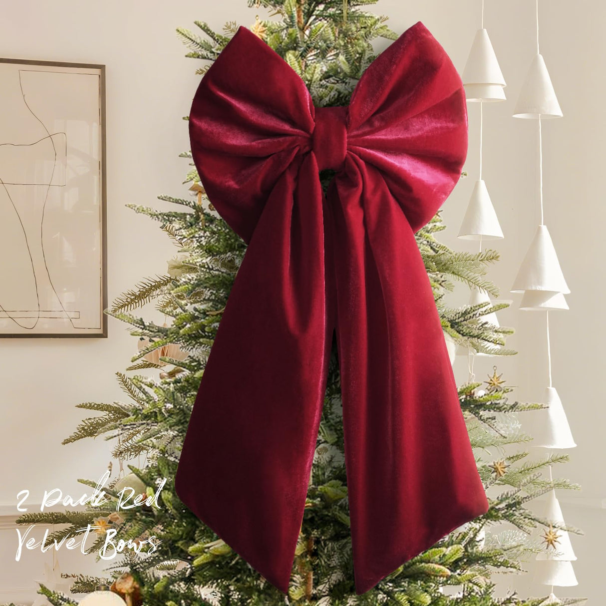 Christmas Decorations - Christmas Bows - 2 Pack 36x18 Inches Large Red Velvet Christmas Tree Topper - Burgundy Ribbon Gift Bows - Xmas Decor for Indoor Outdoor Home Wreaths Mantle Front Door Wedding