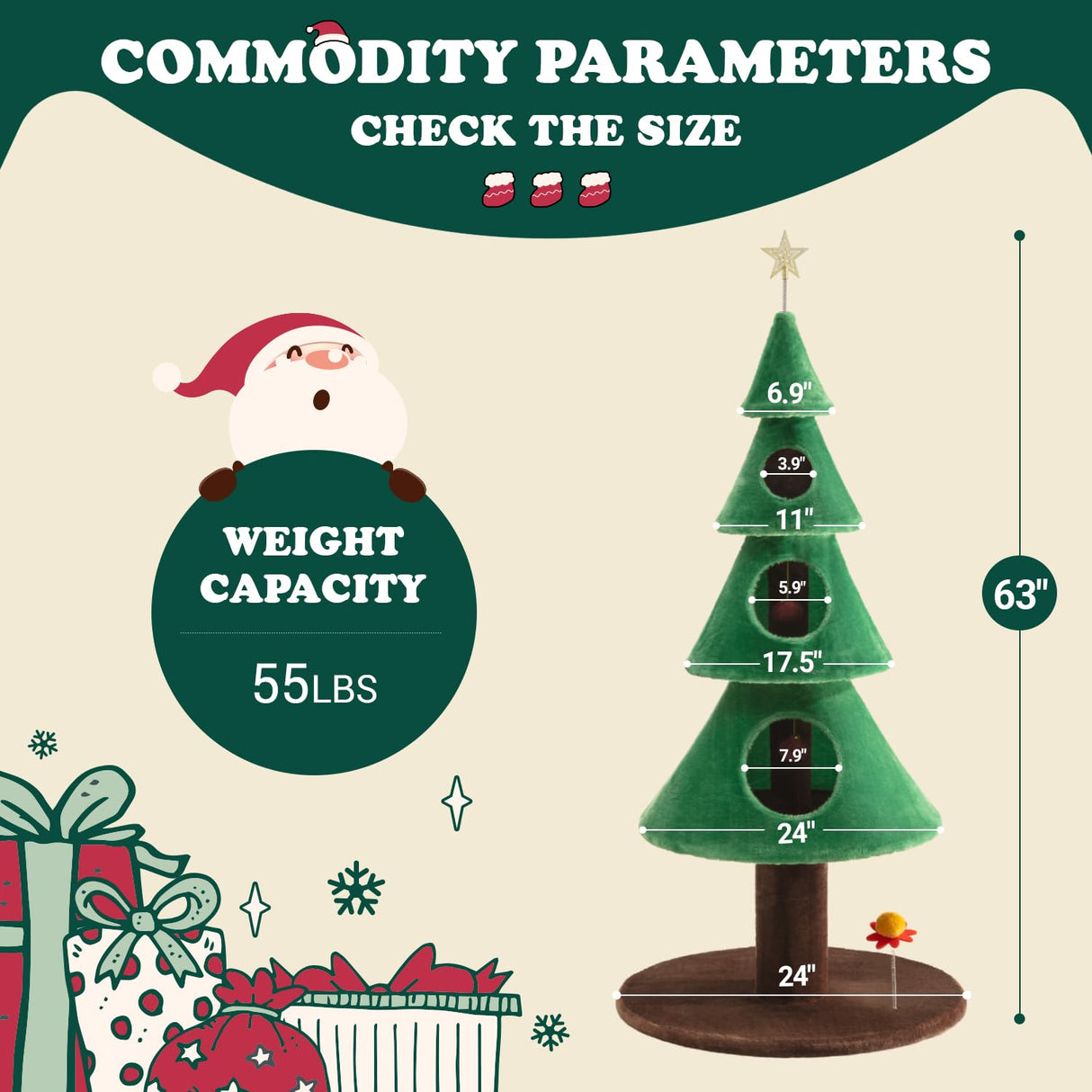 Allewie 63 Inches Cat Tree for Indoor Kitty/Tower with 3 Condos/ 5ft Christmas Tree Party Decoration/Activity Center Play House and Beds/Green