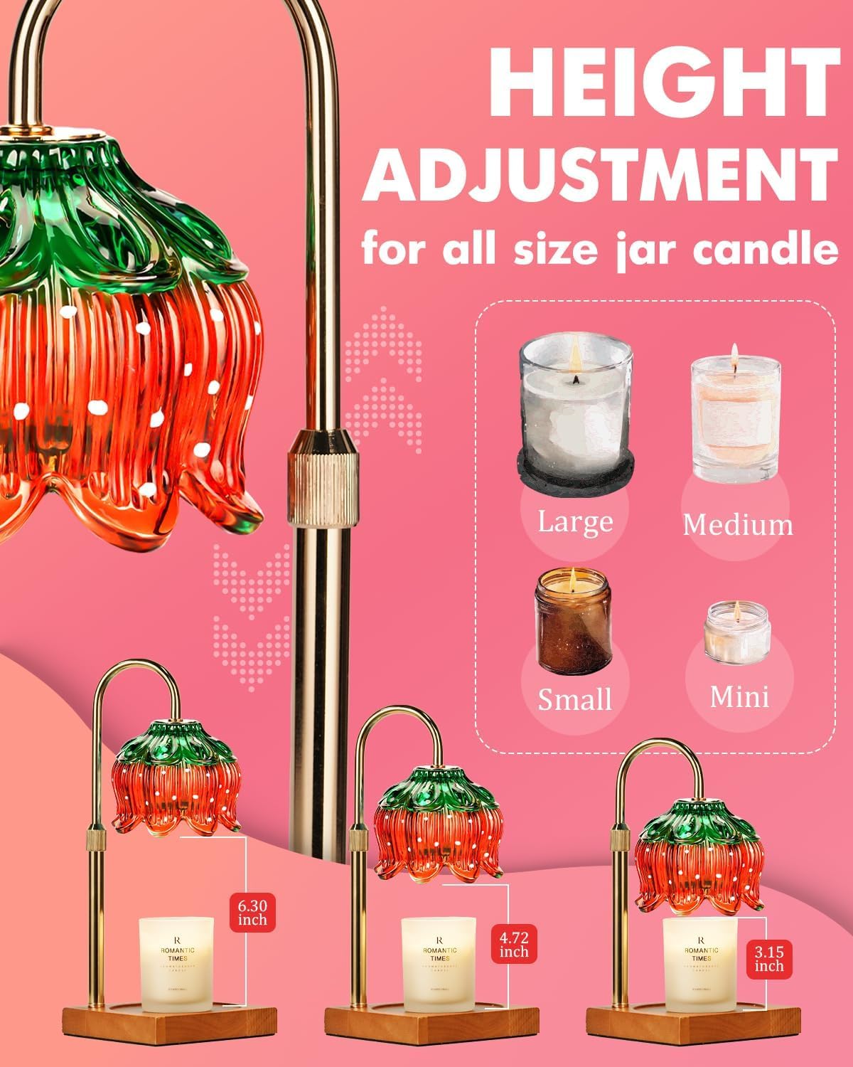 Strawberry Candle Warmer Lamp with Timer Dimmer, Adjustable Height Christmas Birthday Gifts for Women Mom House Warming Gifts New Home Bedroom Decor, Cute Candle Warmer Light for Jar Candles