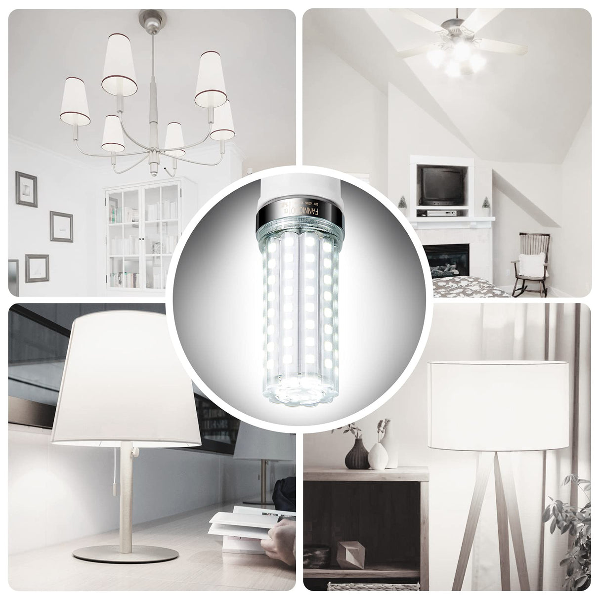 FanNicoo LED Corn Light Bulb 150W Equivalent 2500 Lumen 6500K Cool Daylight White 20W E26/E27 Base Non-dimmable Ceiling Fan Corn Lighting for Home Garage Warehouse Indoor LED Corn Bulbs Pack of 4