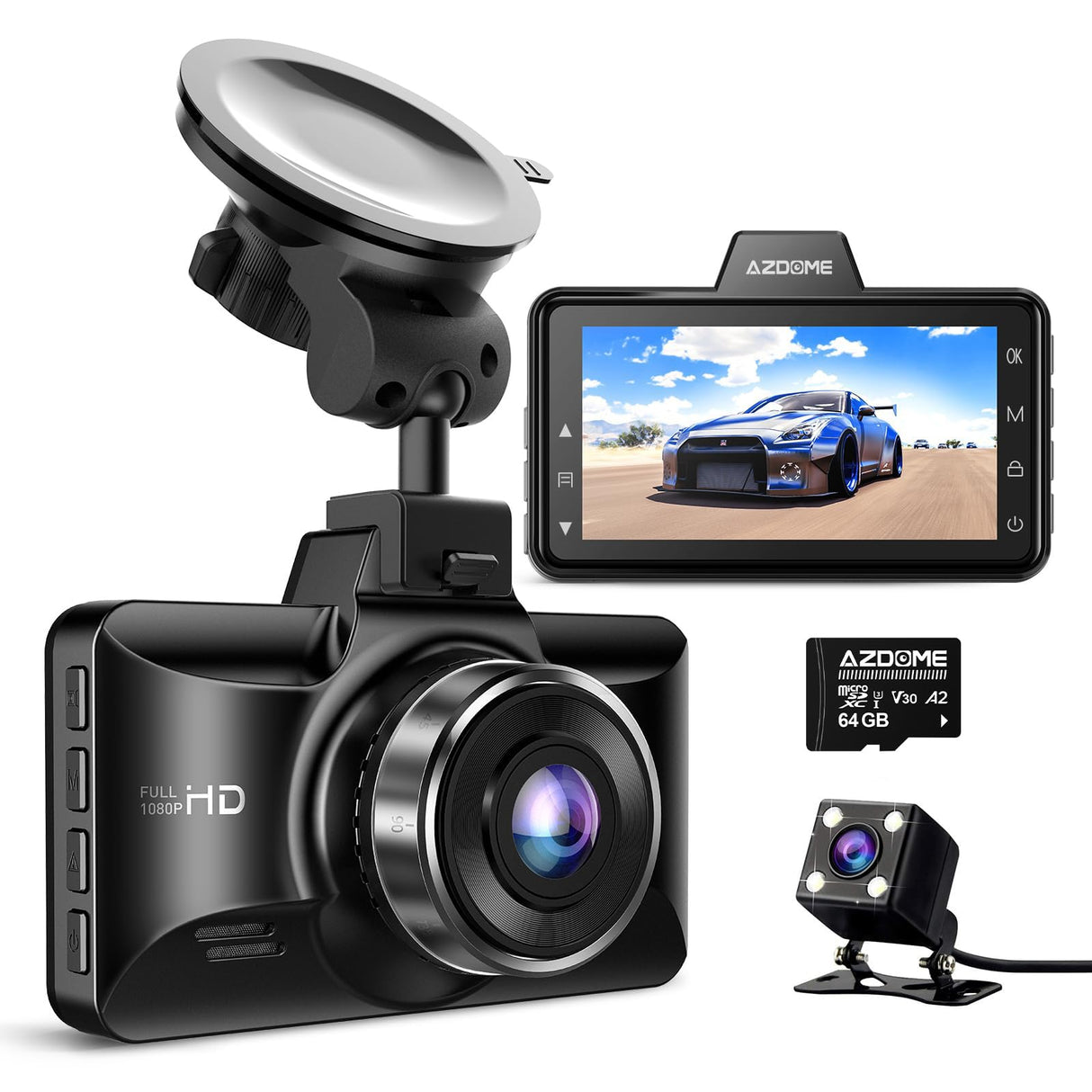 AZDOME M01 Dual Dash Cam Front and Rear with Free 64GB Card, 3" Screen Dual Dashboard Camera for Car, Built-in ADAS G-Sensor, 24H Parking Mode Car Camera (M01 Pro)