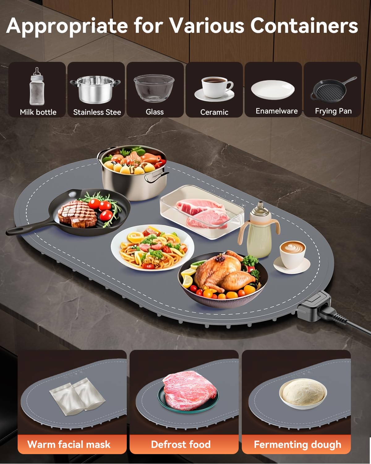 Warming Mat for Food with Heat-Resistant Pad(24"x15"),Electric Heating Pad for Food,Roll Up Silicone Warmer Mat for Party Buffet,Christmas House Warming Gift for Home Hosting Daily Use(Gray)