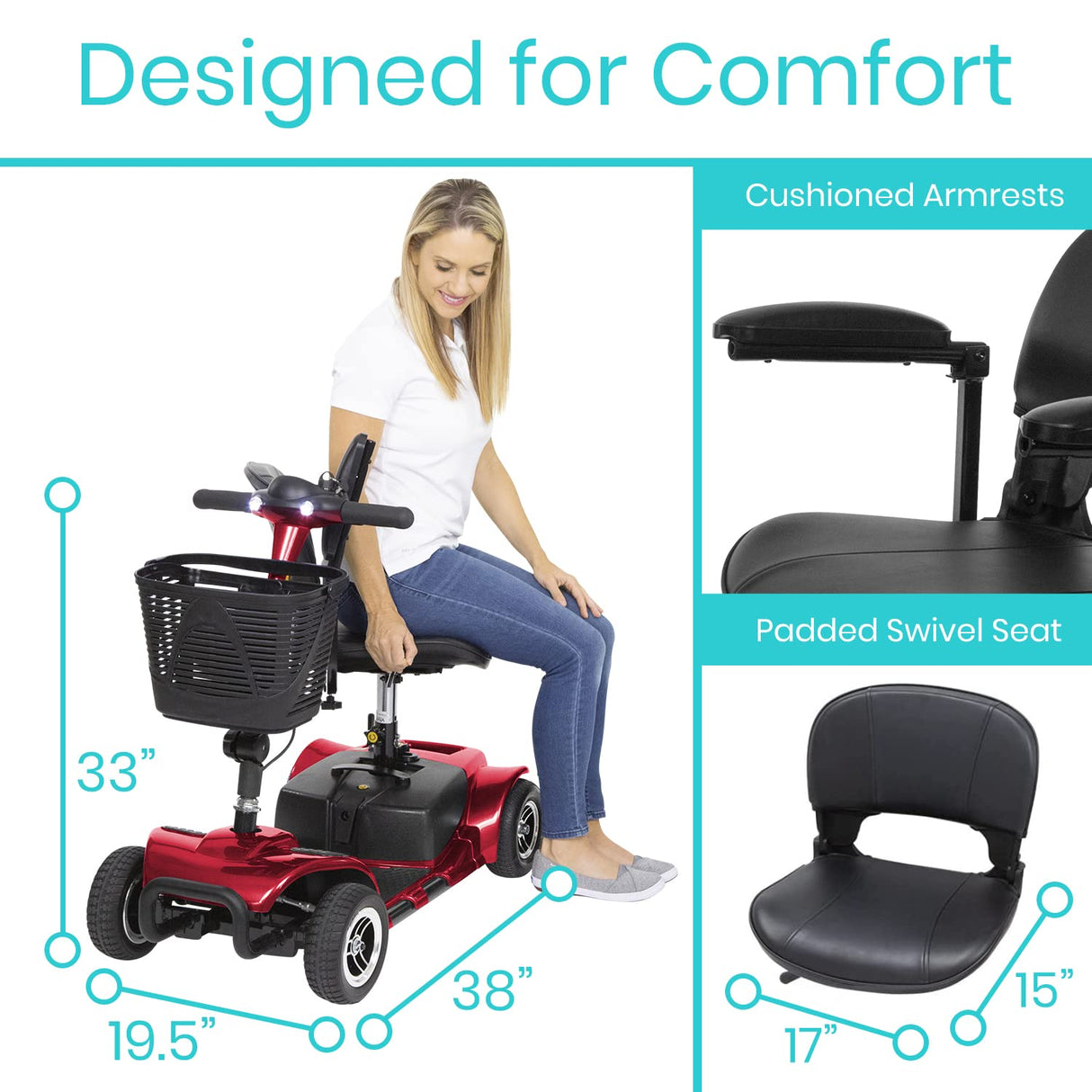 Vive 4 Wheel Mobility Scooter - Electric Powered Wheelchair Device - Compact Heavy Duty Mobile for Travel, Adults, Elderly - Long Range Power Extended Battery with Charger & Basket (FSA/HSA Eligible)