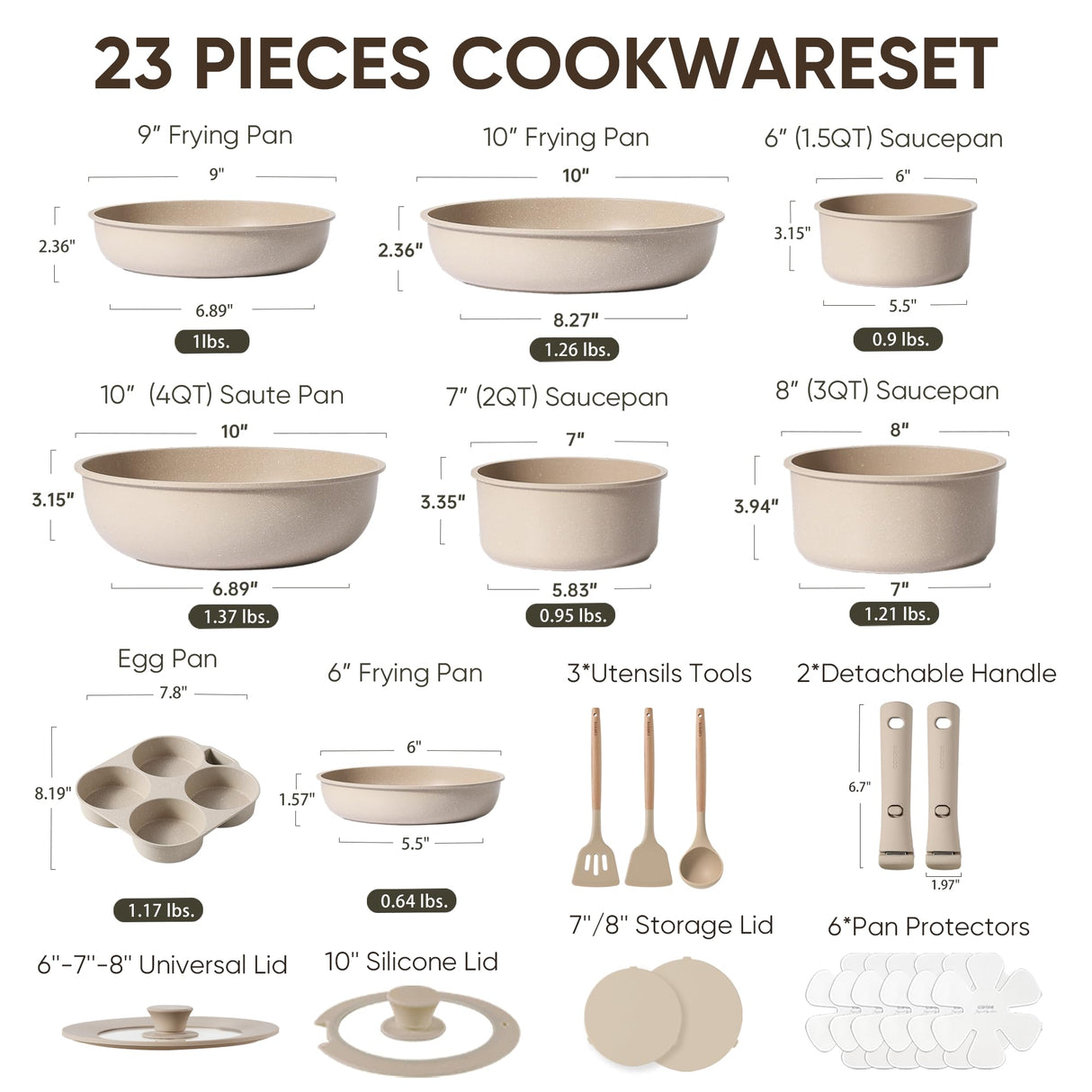 CAROTE 23pcs Detachable Handle Pots and Pans Set, Nonstick Cookware Set, Removable Handle Pots and Pans Non Stick, RV Oven Safe Cookware, Induction Kitchen Set, Taupe, Dishwasher Safe