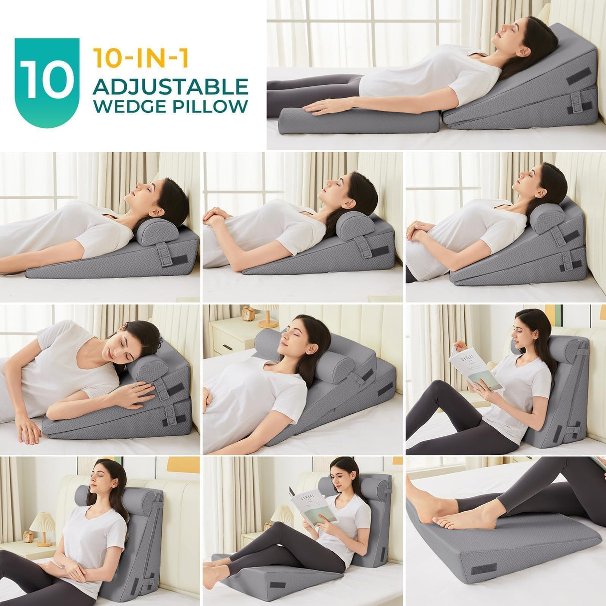 Sasttie Wedge Pillow, 3 Pcs Adjustable Headboard Wedge Pillow, Memory Foam Bed Wedge Pillow for Acid Reflux, Back and Legs Support, Sleeping Wedge Pillow for Adults, Dark Grey