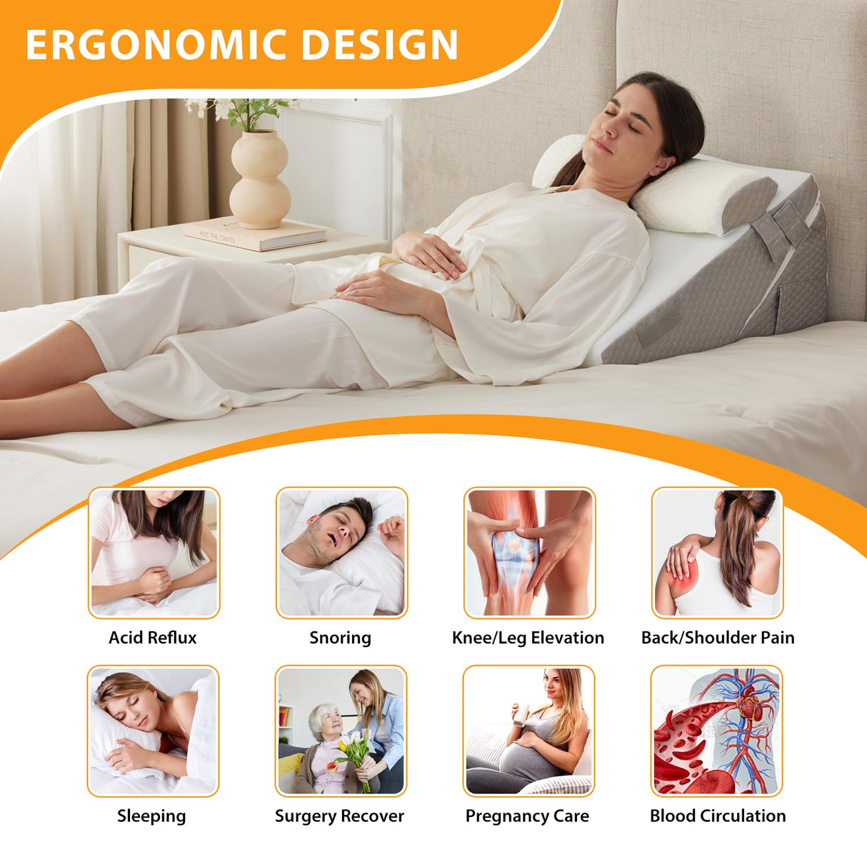 Ruqmuis 3PCS Wedge Pillow Set for After Surgery, Wedge Pillow Headboard, Adjustable 9&12 Inch Sleeping Wedge, Acid Reflux, Orthopedic Pillow Wedge for Back Pain Relief, Gerd, White/Grey