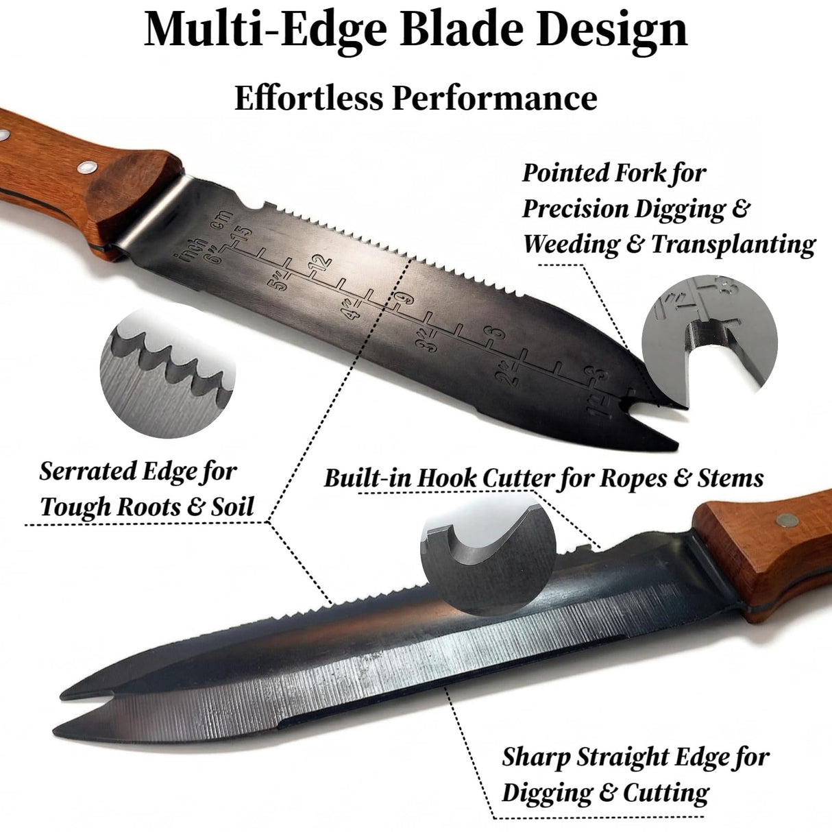 Hori Hori Garden Knife, 7" Full Tang Thick Stainless Steel Blade, Multi-Edge Design with Serrated Edge & Hook Cutter, Depth Markings, Heavy Duty Garden Tool with Sheath for Digging, Weeding & Planting