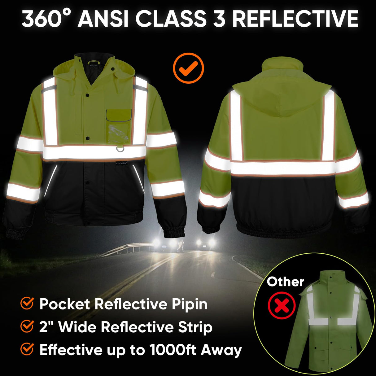 TICONN Waterproof Safety Bomber Jacket, Winter Rain Jacket Hi Vis Reflective, ANSI Class 3 Work Rain Coat (Orange, 2XL)