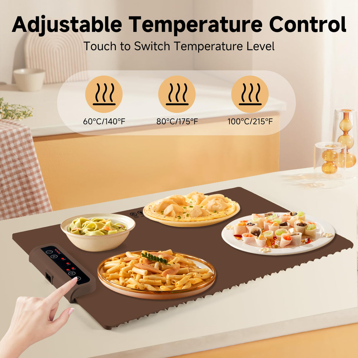 Warming Mat for Food-Electric Warming Tray with Time Moders Locking Function Adjustable Temperature Control Foldable Silicone Heating Tray for Parties, Restaurants, Buffet Brown