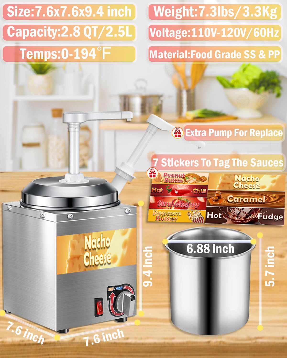 Nacho Cheese Dispenser - 2.8 Qt Nacho Cheese Warmer Machine with Pump, Stainless Steel Hot Fudge Sauce Warmer W/6-Level Temperature Adjustment,Syrup Hot Fudge Dispenser for Hot Fudge Cheese Caramel