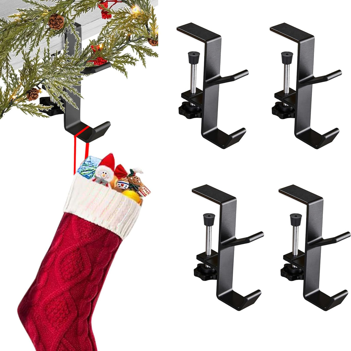 AZHAIBUQI 4 Pack Christmas Fireplace Stocking and Garland Hanger,Mantle Garland Holder for Hanging Christmas Stockings,Adjustable Garland and Stocking Holder,Black