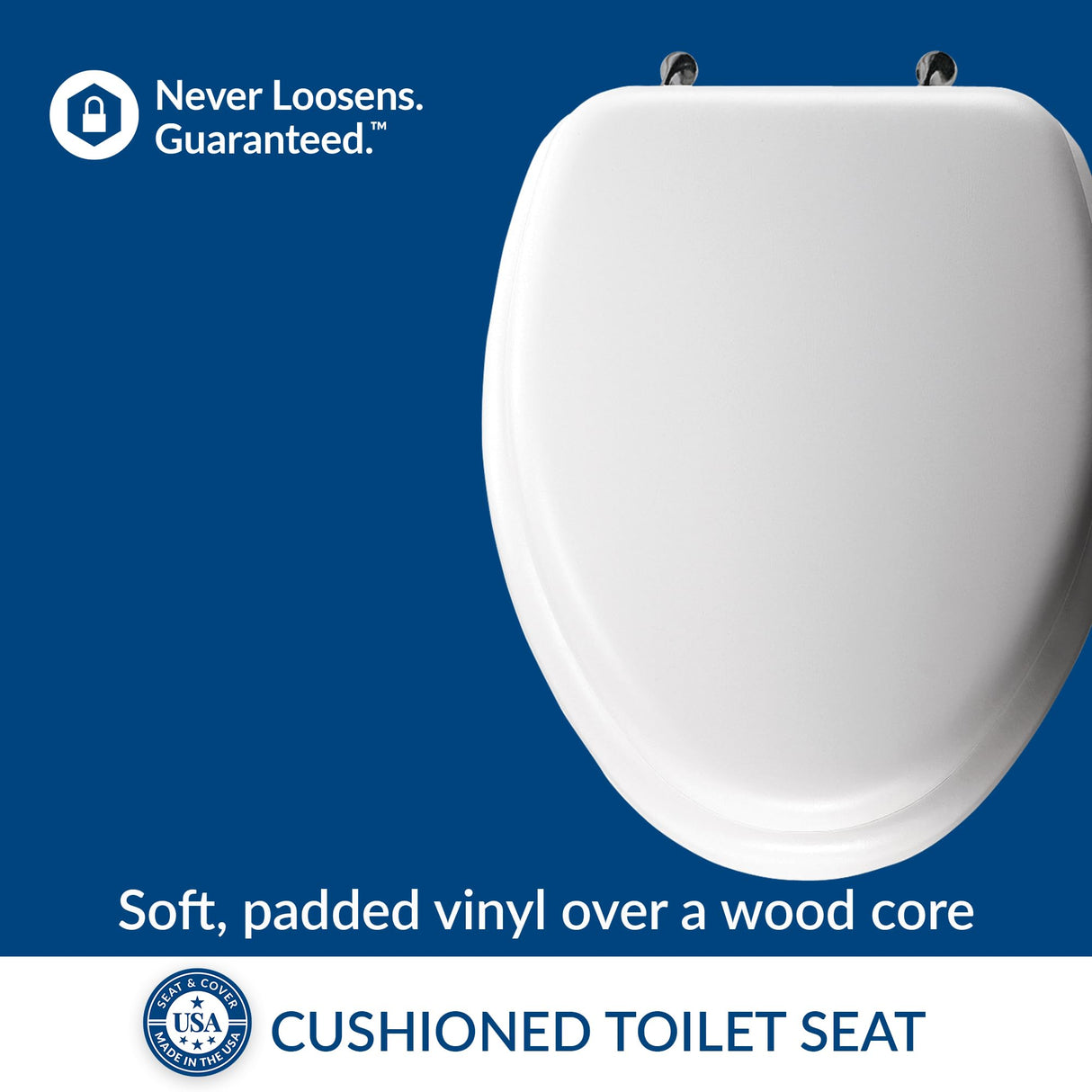 Mayfair Padded Toilet Seat with Chrome Hinges, Soft Vinyl over Wood Core Seat, Made in USA, Elongated, White