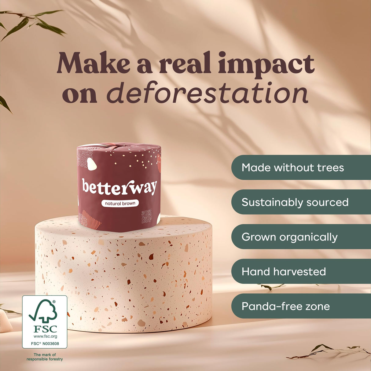 Betterway Unbleached Bamboo Toilet Paper Rolls - Eco-Friendly 3 Ply Toilet Tissue - 12 Long-Lasting Rolls - 360 Sheets/Roll - Organic, FSC Certified, Septic Safe TP - Lint-Free, PFAS-Free Bath Tissue