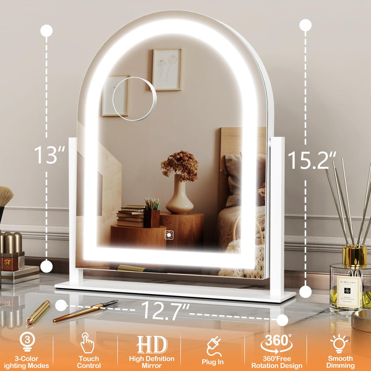 Gvnkvn Lighted Makeup Mirror, Hollywood Vanity Mirror with Lights, Three Color Lighting Modes, and Detachable 10X Magnification Mirror, Smart Touch Control, 360°Rotation (15.2in White)