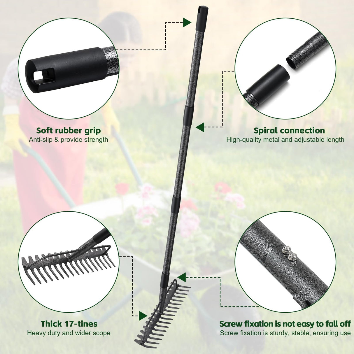 49'' Bow Rake ,17 Tines Metal Head Rakes with Stainless Steel Handle,Heavy Duty Garden Rake for Loosening Soil Gathering Leaf Leveling Lawn Farming Land Management Yarn Thatch Rake