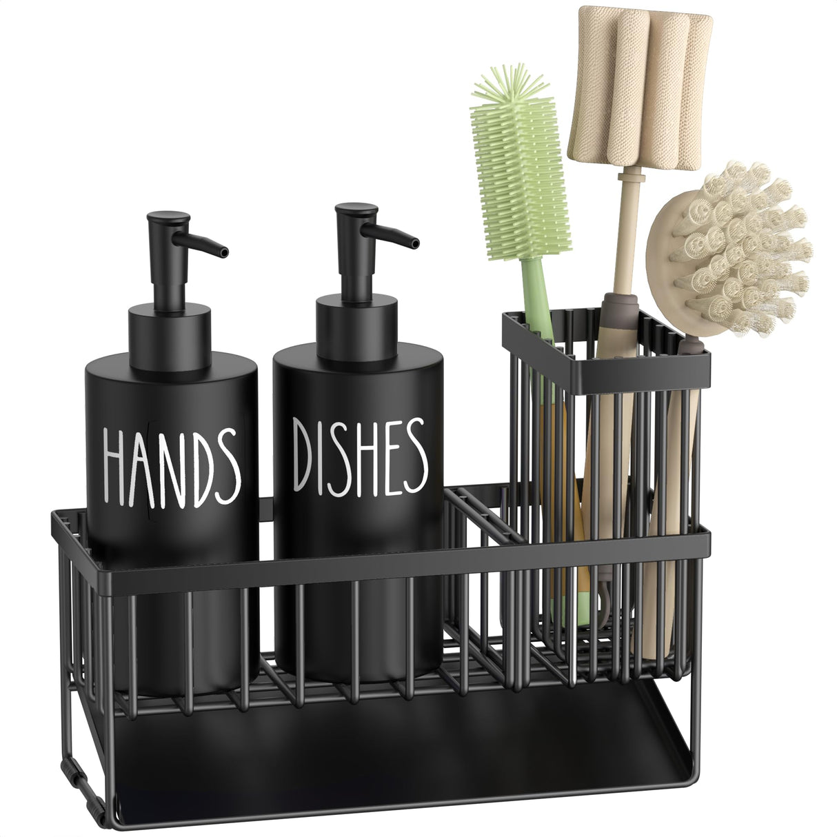 MASADI Kitchen Dish Soap Dispenser Set with Sponge Holder, 12OZ Glass Bottle, Hand and Dish Soap Dispenser Set, Non-Slip Silicone Pad, Brush Holder, Kitchen Sink Organizer Countertop (Black)