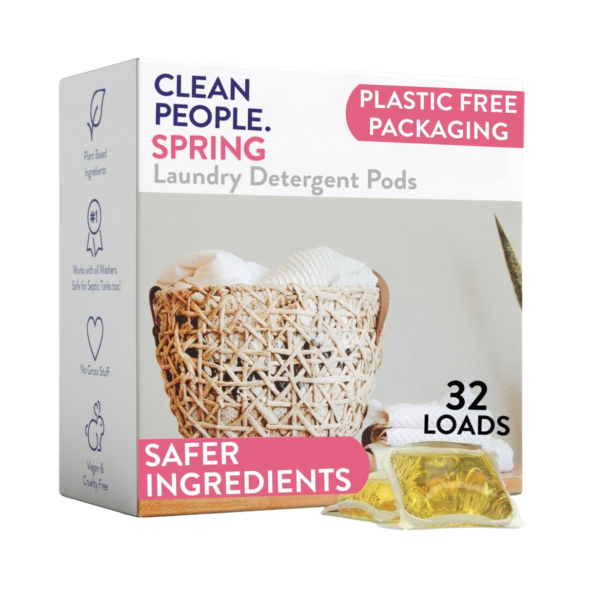 The Clean People Laundry Detergent Pods - Hypoallergenic Laundry Pods - Ultra Concentrated, Recyclable Packaging, Stain Fighting - Spring Scent, 32 Pack