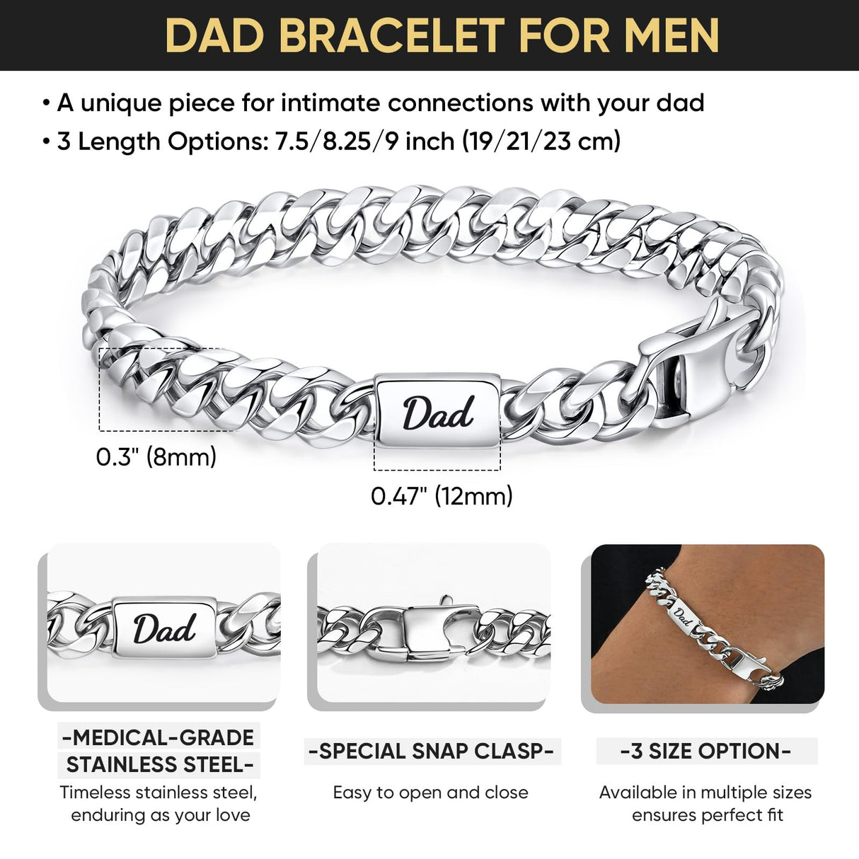 VNOX Gift for Dad from Daughter Son Silver Stainless Steel Cuban Link Chain Bracelet Day Father Birthday Valentines Ideas for New Daddy Stepdad,8.3 Inches