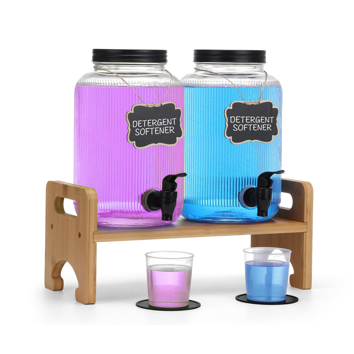 2-Pack Laundry Detergent Dispenser with Bamboo Stand,1 Gallon Laundry Soap Dispenser with Measuring Cup,Glass Laundry Detergent Containr for Laundry Room Organization and Storage