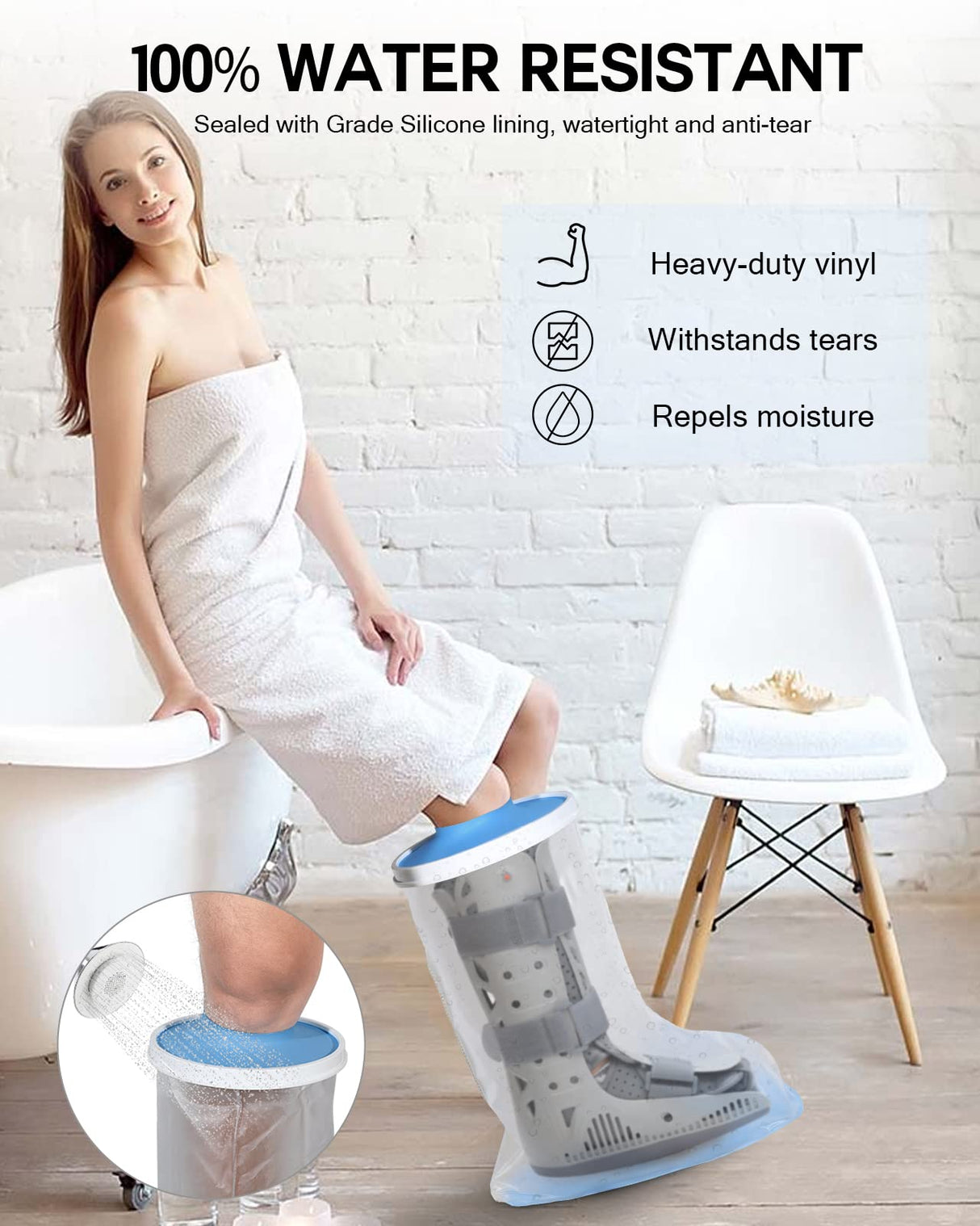 DNEOUXI Waterproof Extra Wide Leg Cast Cover for Shower, Extra Large Watertight Foot Protector Cover with Non-Slip Bottom for Plus Size Adults Surgery Casts Boots, Fits Leg Size 10"-29"