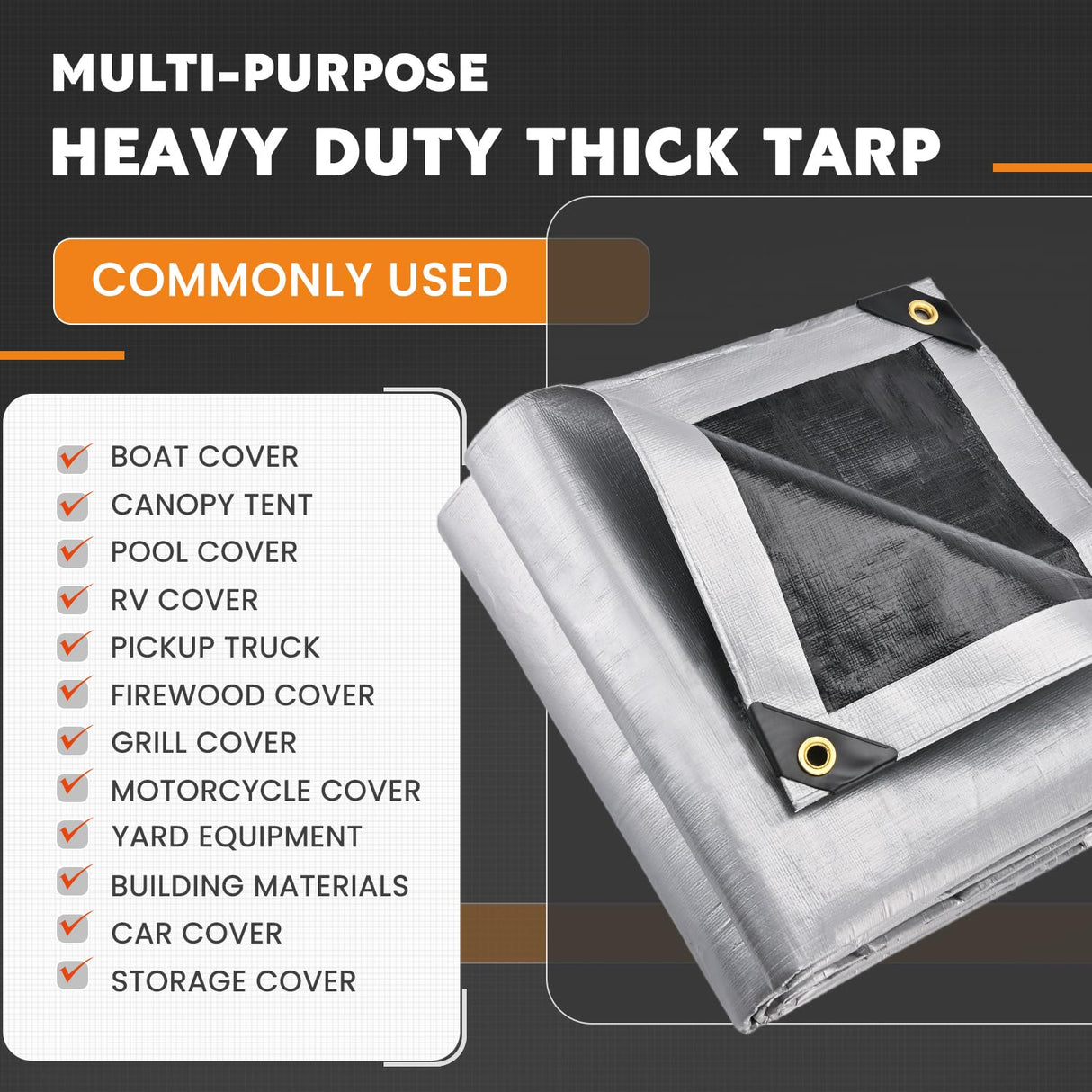Keten Tarps Heavy Duty Waterproof 10X12 Feet, Extra Thick 16 Mil, Tear & Fade Resistant, UV Blocking, Outdoor Tarp with Reinforced Grommets for Roof, Camping, Patio, Pool, Boat(Silver/Black)