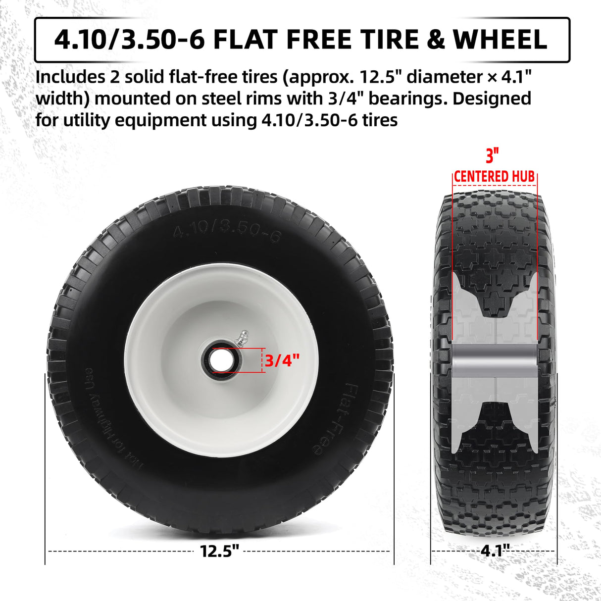 AR-PRO (2 Pack) 4.10/3.50-6 Flat Free Tire and Wheel, Solid Tire with Steel Rim, 3" -6.25 Centered Hub, 3/4" Bearing with 5/8" Adapter, for Wheelbarrow, Hand Truck & Utility Equipment