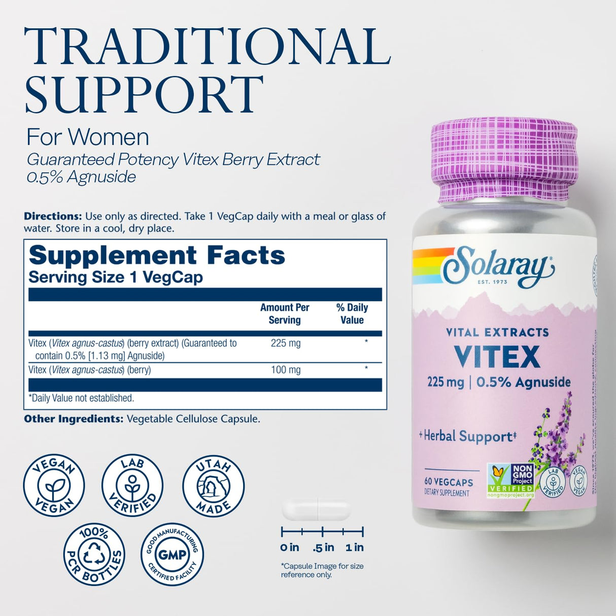 SOLARAY Vitex Berry Extract 225 mg - Chasteberry Supplement for Women - Traditional Hormone Balance Support - Chaste Tree Berry - Vegan, Lab Verified - 60 Servings, 60 VegCaps