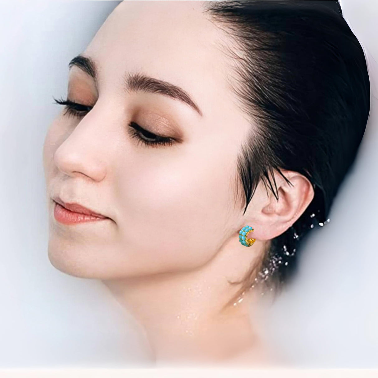 Simulated Turquoise Huggie Hoops Earrings For Women-Small Gold Plated, Boho Unique Dainty Everyday Wear