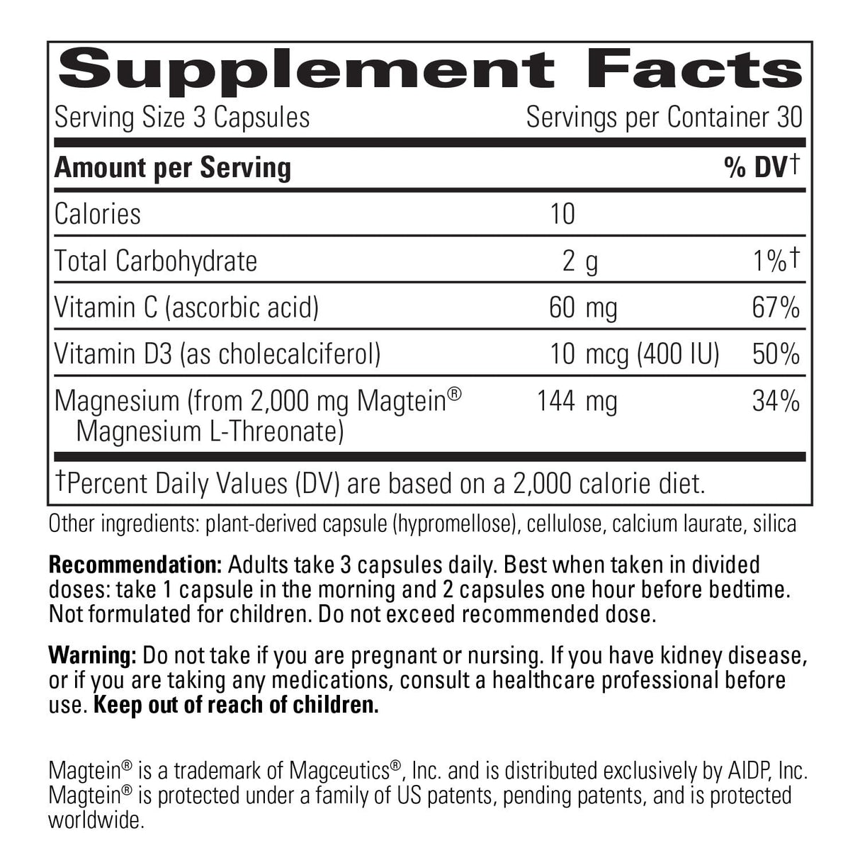 Integrative Therapeutics Magtein L-Threonate Plus, Cognitive Support*, Short-Term Memory Support*, Vitamin C, Vitamin D3, 90 Capsules