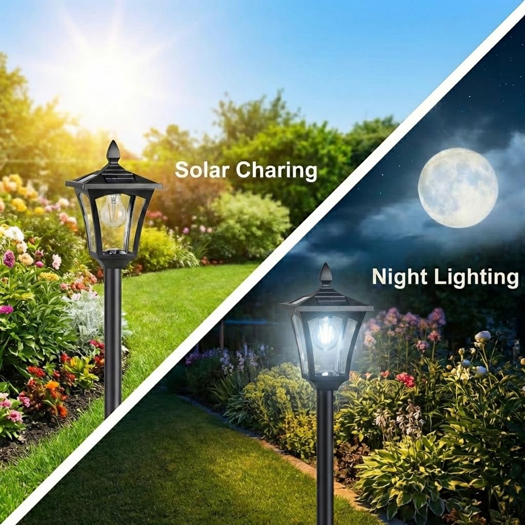 Benany 76" Solar Lamp Post Lights with Planter, Glass & Metal Street Light Outdoor Waterproof, 60 Lumens Dusk to Dawn Solar Pole Light for Garden, Yard, Driveway, Porch, Patio, Cool White