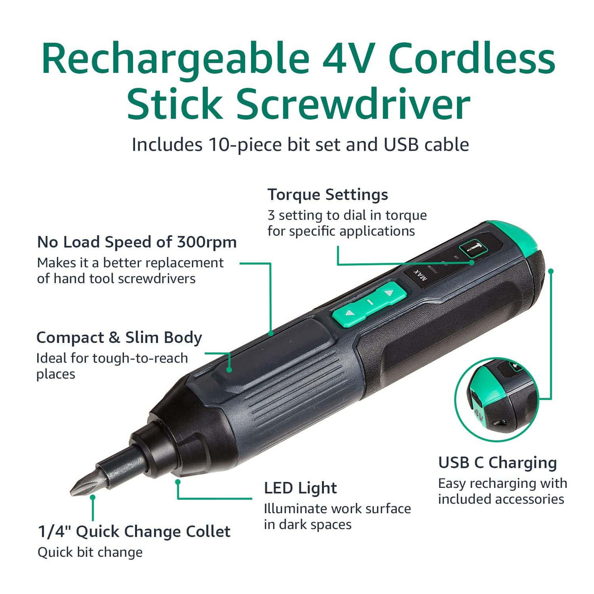Amazon Basics by SKIL 4V Cordless Stick Screwdriver with 10-Piece Bit Set, USB Cable, LED Light, 3 Torque Settings