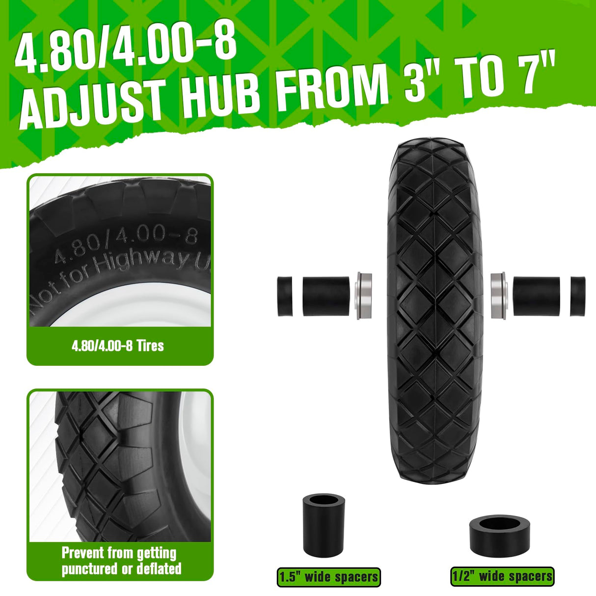 4.80/4.00-8 Tire and Wheel, 16" Flat Free Solid Wheelbarrow Tire with 5/8"&3/4" Bearings 3" Hub, 14"-16" Universal Fit Wheelbarrow Tires for Hand Truck/Garden Trailer/Trolley/Wagons